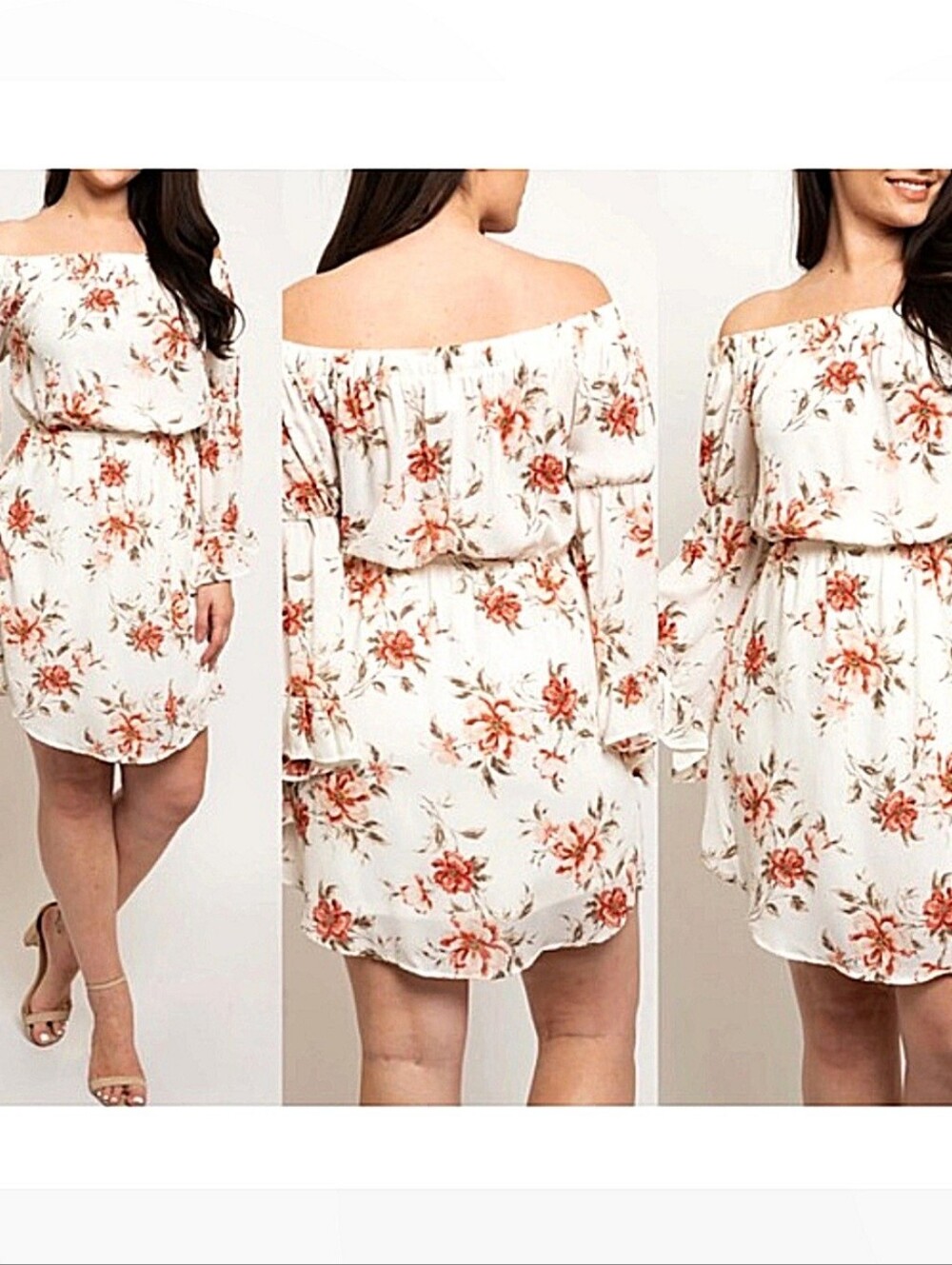 Bear Fruitt Off-Shoulder Floral Mini Dress in Cream with Rust Floral Print - Picture 1 of 7